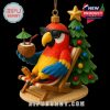 A colorful parrot in a chill pose sits back in a deck chair with a coconut drink, shaded by sunglasses and surrounded by holiday flair, making it a fun and tropical Christmas decoration!