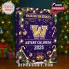 Washington Huskies Advent Calendar 2025 box standing near Christmas tree, lit with warm decorative lights and holiday ambiance!