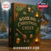 A beautifully designed advent calendar box sits on a wooden table, detailed with natural forest elements like oak leaves and pinecones, glowing warmly in front of a snowy cabin!