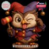 A fun owl ornament dressed in a jester costume playfully sticks out its tongue, bringing whimsy and bold color to holiday displays!