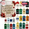 A decorative advent calendar box paired with ornament-sized cigarette pack designs from major tobacco brands, styled as collectible holiday pieces with gold hangers and detailed brand visuals!