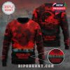 Red and black Cleveland Browns sweater with Stranger Things theme and zoomed-in view of knit pattern and logo.