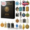 A 2025-themed Crypto Advent Calendar box with Bitcoin symbol and a selection of 24 detailed crypto ornaments including coins, tokens, and tech items related to blockchain!