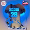 A customizable LED light in the shape of a soccer jersey with personalized name, number, soccer ball, and soccer shoe in blue lighting for a cool, sporty look.