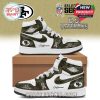 San Francisco 49ers-themed custom sneakers with camouflage base, U.S. Veterans tribute, NFL logo, and customizable name tag. The sneakers include a pink swoosh and are perfect for any fan.
