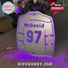 A purple LED light shaped like a hockey jersey with customizable name and number for a unique look.