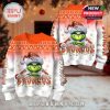 A pair of Broncos Grinch sweaters with full holiday graphics, snowflake prints, and Christmas lights across the BRONCOS lettering!