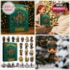 A green Dirty Heads-themed Advent Calendar with tropical and festive patterns placed next to detailed holiday figures resembling band members and fantasy characters.