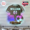 A customizable LED light in the shape of a soccer jersey with name, number, and ball design for a personalized touch.