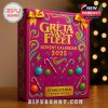 A detailed view of the festive Greta Van Fleet 2025 Advent Calendar box with candy-themed graphics and gold bows.
