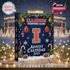 A cozy holiday scene with the 2025 advent calendar box in focus, set against a decorated snowy backdrop for a festive Illini display!