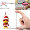 Christmas mascot ornament with Santa hat shown next to a hand holding the acrylic base, illustrating the ornament's build quality and clarity!