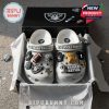 Las Vegas Raiders clogs with themed football charms in branded gift box.