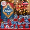 Dodgers 2025 World Series badge ornaments in front of holiday-themed calendar box with official championship graphics!