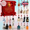 Designer-themed advent calendar with mini perfume bottle ornaments styled after high-end fragrances!