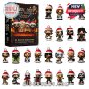 Complete grid of all Metal Gods 2025 mini figures wearing Santa hats with calendar box.