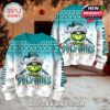 Side-by-side views of a Grinch-themed Christmas sweater showing both front and back with matching Miami Dolphins designs and festive graphics!