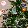 Michigan State Spartans fan-themed holiday ornaments placed on a Christmas tree!