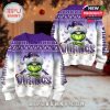 Side-by-side views of a Grinch-themed Christmas sweater for Minnesota Vikings fans, with matching festive graphics on both front and back!
