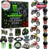 The Monster Supercross 2025 advent calendar featuring miniature dirt bikes, gloves, trophies, helmets, and rider figurines with team colors and logos!