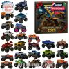 Monster Jam Advent Calendar 2025 set including a decorated gift box and an array of colorful die-cast monster trucks with detailed paint jobs and character designs!