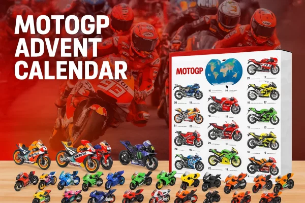 MotoGP Advent Calendar 2025 banner with Marc Marquez style MotoGP bikes and collectible mini race models on a wooden table