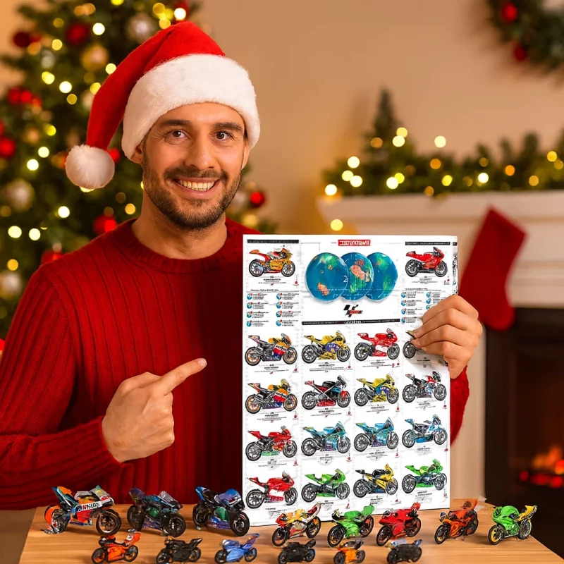 MotoGP Advent Calendar 2025 box with 24 colorful MotoGP mini bikes displayed on a wooden table