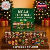 All 2025 NCAA Football mascot mini figures arranged neatly with the green calendar box in the background and warm Christmas lighting.