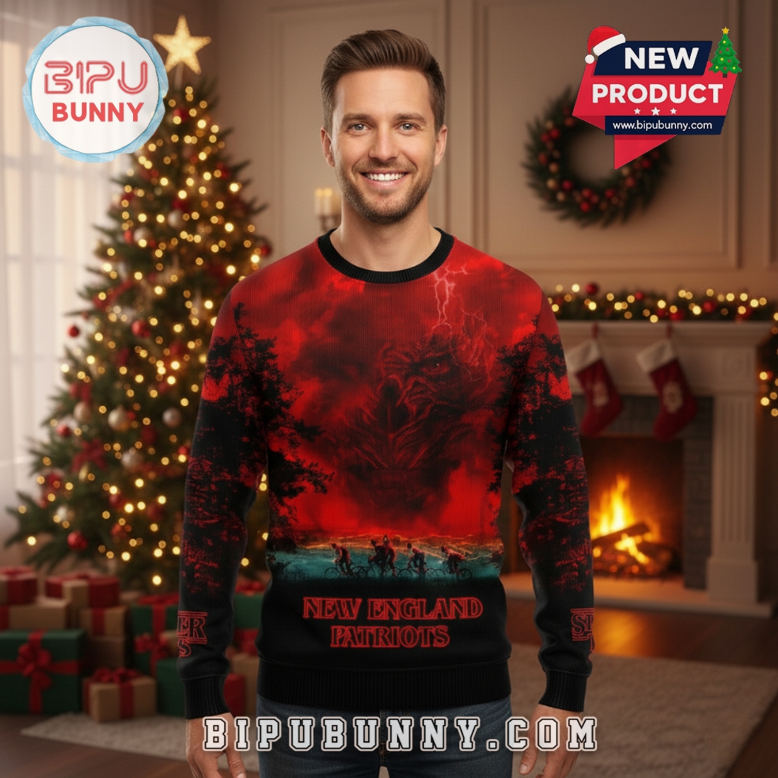 New England Patriots x Stranger Things Ugly Sweater 2025 New England Patriots x Stranger Things Ugly Sweater 2025