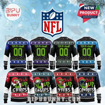 NFL Drink Up Grinch Ugly Christmas Sweater 2025