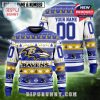 Ravens Christmas sweater with gold highlights, reindeer patterns, and personal name and number!