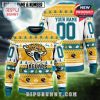 Jaguars holiday sweater with yellow tree motifs and team branding front and back!