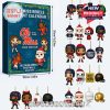 Full product dimension view of Ole Miss Rebels 2025 advent calendar and visual lineup of themed acrylic decorations in red, navy, white, and gold!