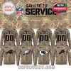 A camouflage hoodie with the Buffalo Bills logo, customizable name and number, and American flag on the sleeve, honoring military service members.