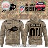 A camouflage hoodie with the Buffalo Bills logo, customizable name and number on the back, and American flag on the sleeve for Salute to Service.