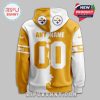 Pittsburgh Steelers custom hoodie back view with customizable name and number on a split gold and white design.