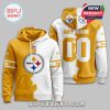 Pittsburgh Steelers customizable hoodie with team logo, gold and white split design, and personalized name and number option.