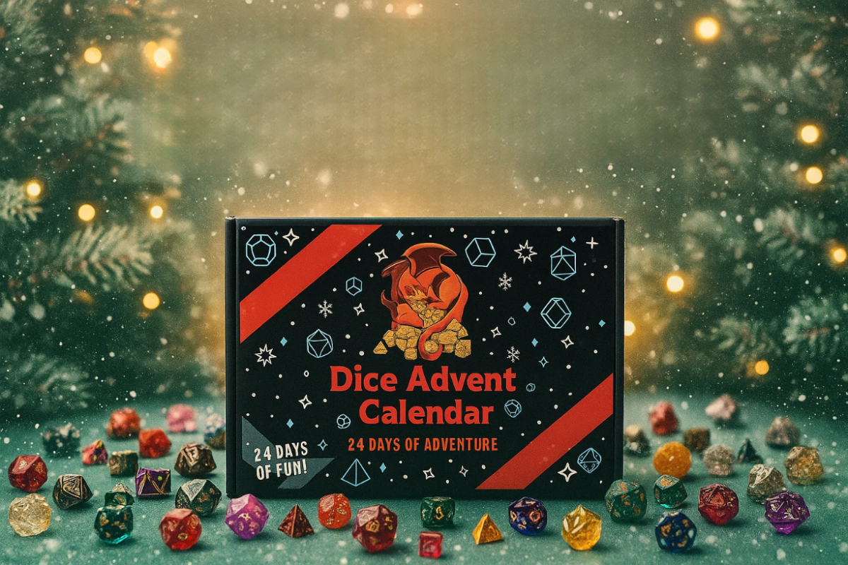 Random Dice Advent Calendar 2025 displayed with wrapped holiday gifts and multiple dice sets