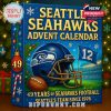 A focused display of the advent calendar packaging with rich festive imagery, highlighting the Seahawks helmet and decorative elements like snowflakes and ornaments!