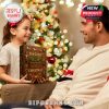 A joyful child hands her father a beautifully designed advent calendar filled with toy-themed ornaments, ideal for family celebrations!