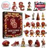 Detailed USC collectible lineup shown alongside the boxed calendar, including miniature sports gear and student spirit items ready for countdown fun!