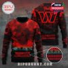 Front and back views of Washington Commanders x Stranger Things sweater with detailed knitting close-up.
