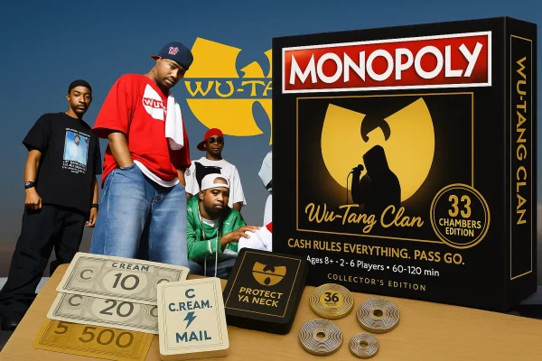 Wu-Tang Clan Monopoly Board Game box and board set up on a table as hero banner
