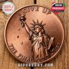 Copper colored parody coin with the Statue of Liberty, falling pennies, and engraved text marking the end of the U.S. cent!