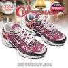 Side view of holiday-themed sneakers with A Christmas Story graphics and festive colors.