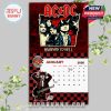 January calendar design displaying AC/DC members in cartoon style with devil horns, set above a clean monthly grid in themed red and black with signature band elements!