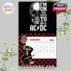 August calendar page showing a high-contrast skull and band quote design above the monthly layout, with AC/DC branding and iconic red-black checker elements!