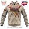 Front view of tan Commanders hoodie with tribal elder design, feathers, spear graphic, and sleeve text honoring Native American heritage!