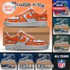 A pair of sneakers featuring Hello Kitty designs with Denver Broncos colors and logos, combining team spirit with fun cartoon details.