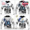 White hoodies with Patriots and Rams logos, cyclist graphic on front, numbered “00” back, gear graphics on shoulders and panoramic road scenery!